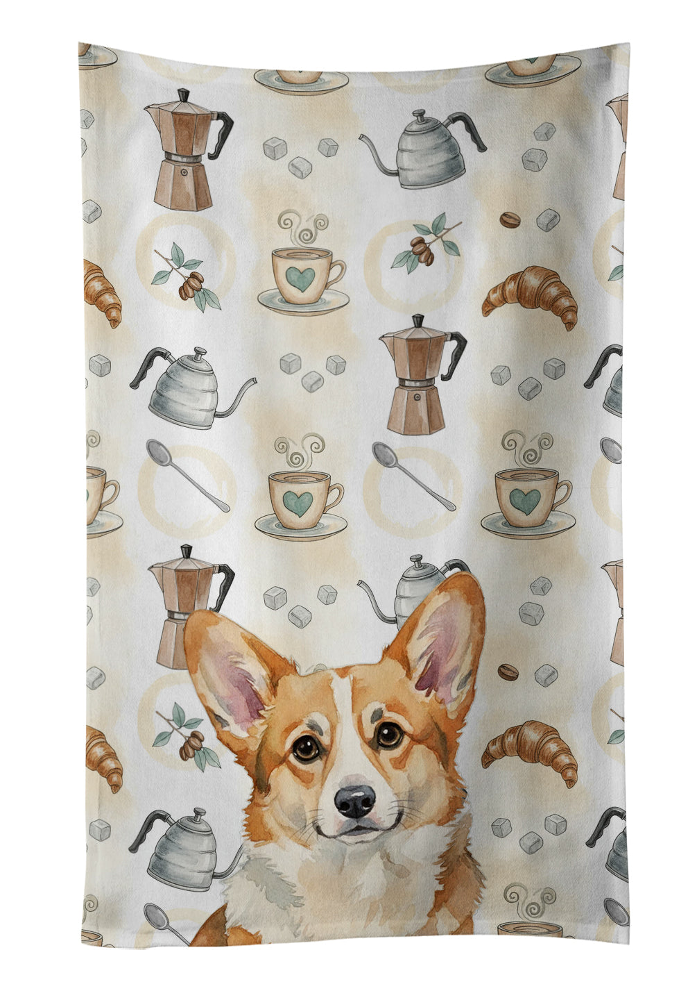Corgi Coffee Bar Kitchen Towel Velour Plush Front and Cotton Loop Back Machine Washable