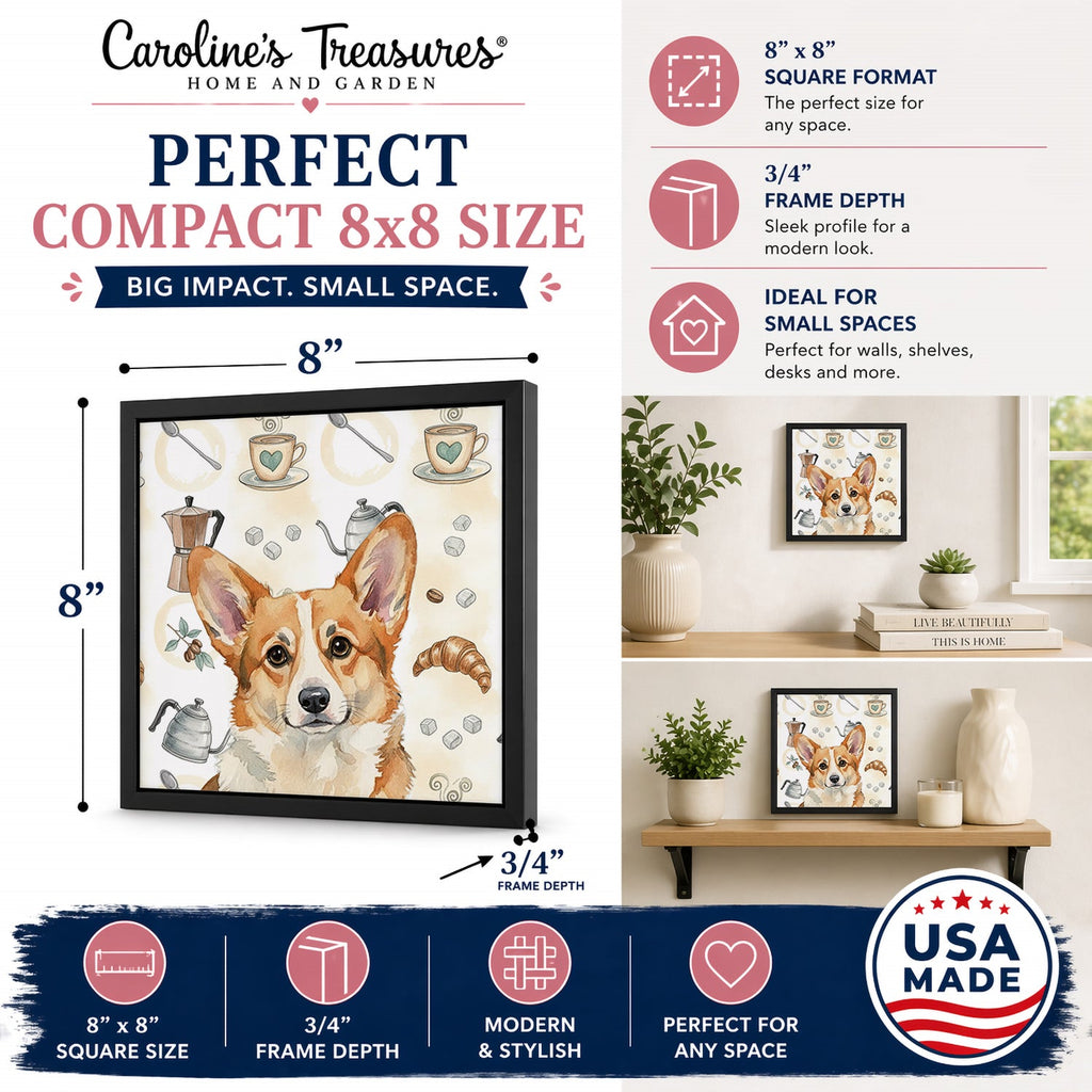 Corgi Coffee Bar Framed Metal Print Bathroom, Kitchen, Office, Home Decor Wall Art Ready to Hang, Square, 8X8