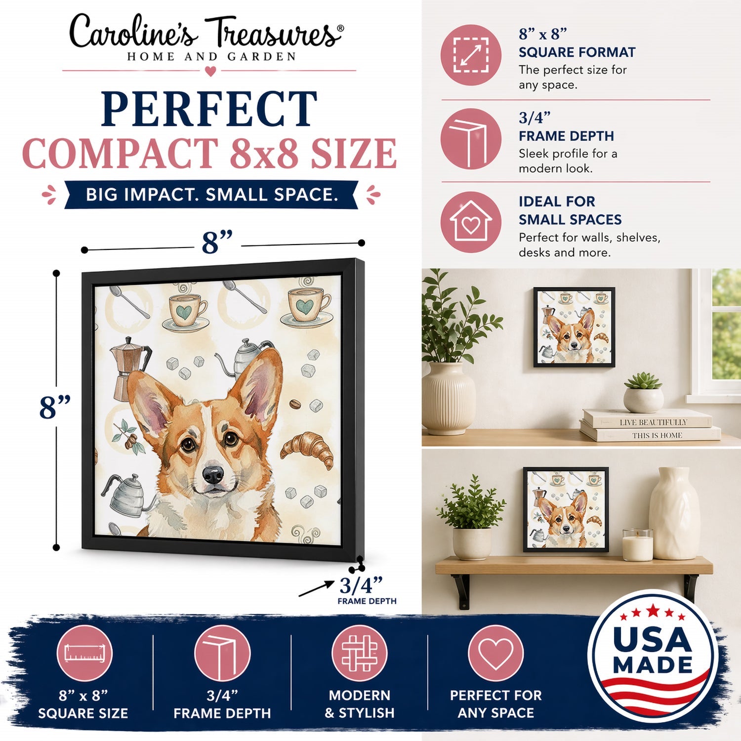 Corgi Coffee Bar Framed Metal Print Bathroom, Kitchen, Office, Home Decor Wall Art Ready to Hang, Square, 8X8