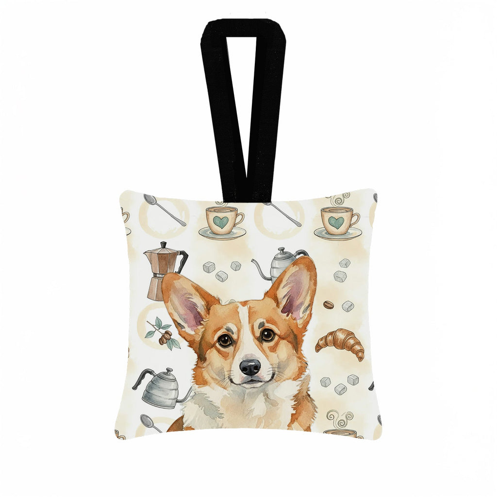 Corgi Coffee Bar Hanging Square Fabric Ornament 3.5 � 3.5 Decorative Door-Knob & Tree Hanger, Soft Fabric