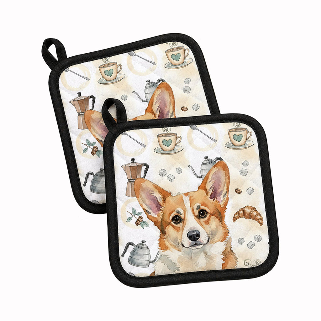 Corgi Coffee Bar Pot Holder Set of 2 Heat Resistant Quilted Hot Pads 7.5 x 7.5 Inch, Insulated Kitchen Trivets for Cooking & Baking