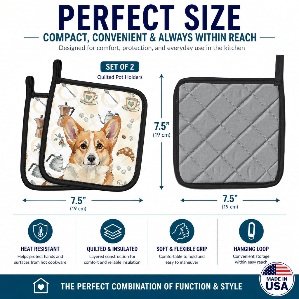 Corgi Coffee Bar Pot Holder Set of 2 Heat Resistant Quilted Hot Pads 7.5 x 7.5 Inch, Insulated Kitchen Trivets for Cooking & Baking