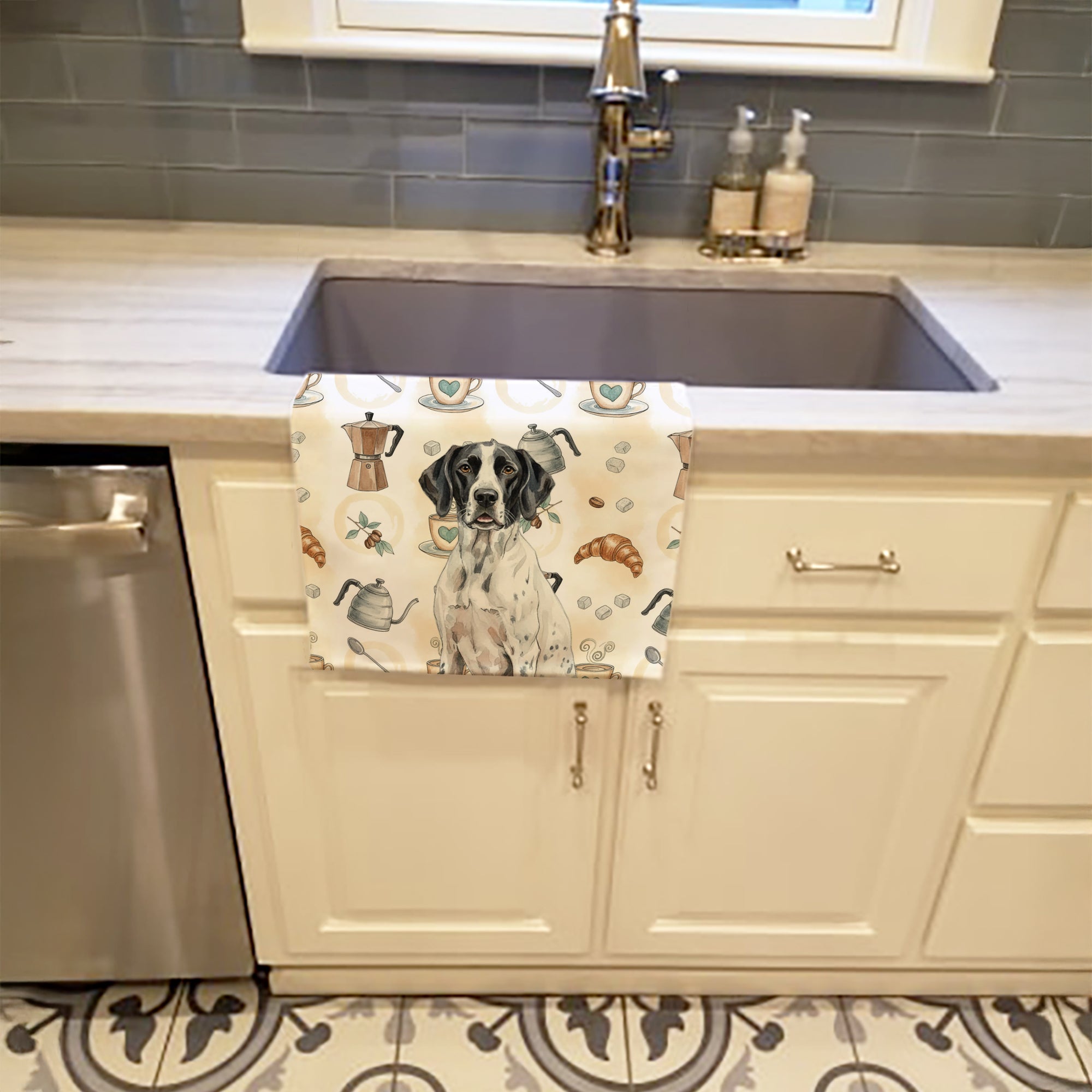 Black and White Pointer Coffee Bar Kitchen Towel Velour Plush Front and Cotton Loop Back Machine Washable