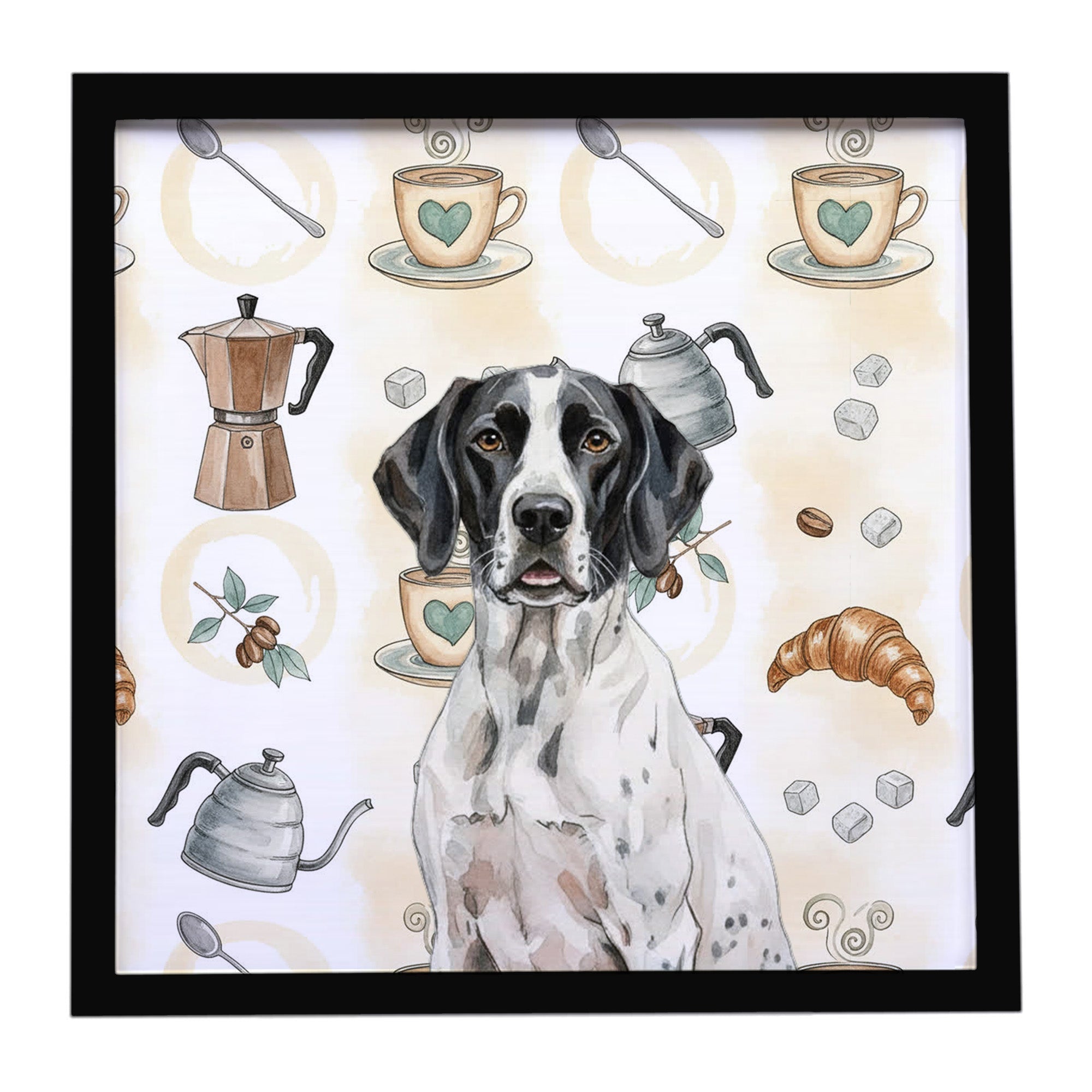 Black and White Pointer Coffee Bar Framed Metal Print Bathroom, Kitchen, Office, Home Decor Wall Art Ready to Hang, Square, 8X8