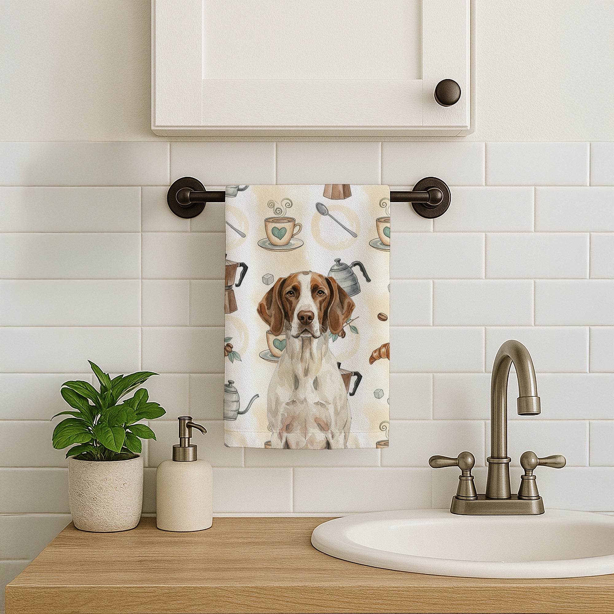Liver and White Pointer Coffee Bar Kitchen Towel Velour Plush Front and Cotton Loop Back Machine Washable
