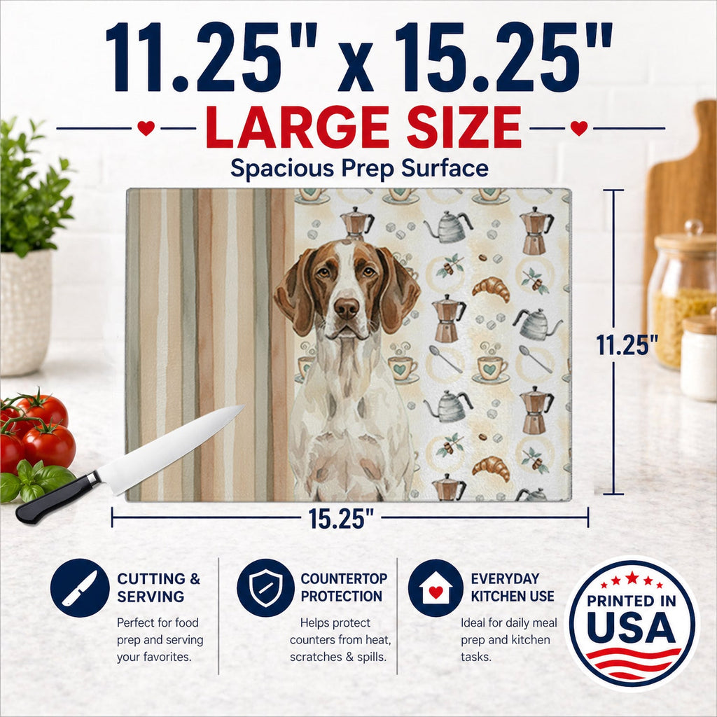 Liver and White Pointer Coffee Bar Cutting Board Tempered Glass Kitchen Cutting Surface, Heat Resistant Chopping, Non-Slip Feet, Food Prep & Serving