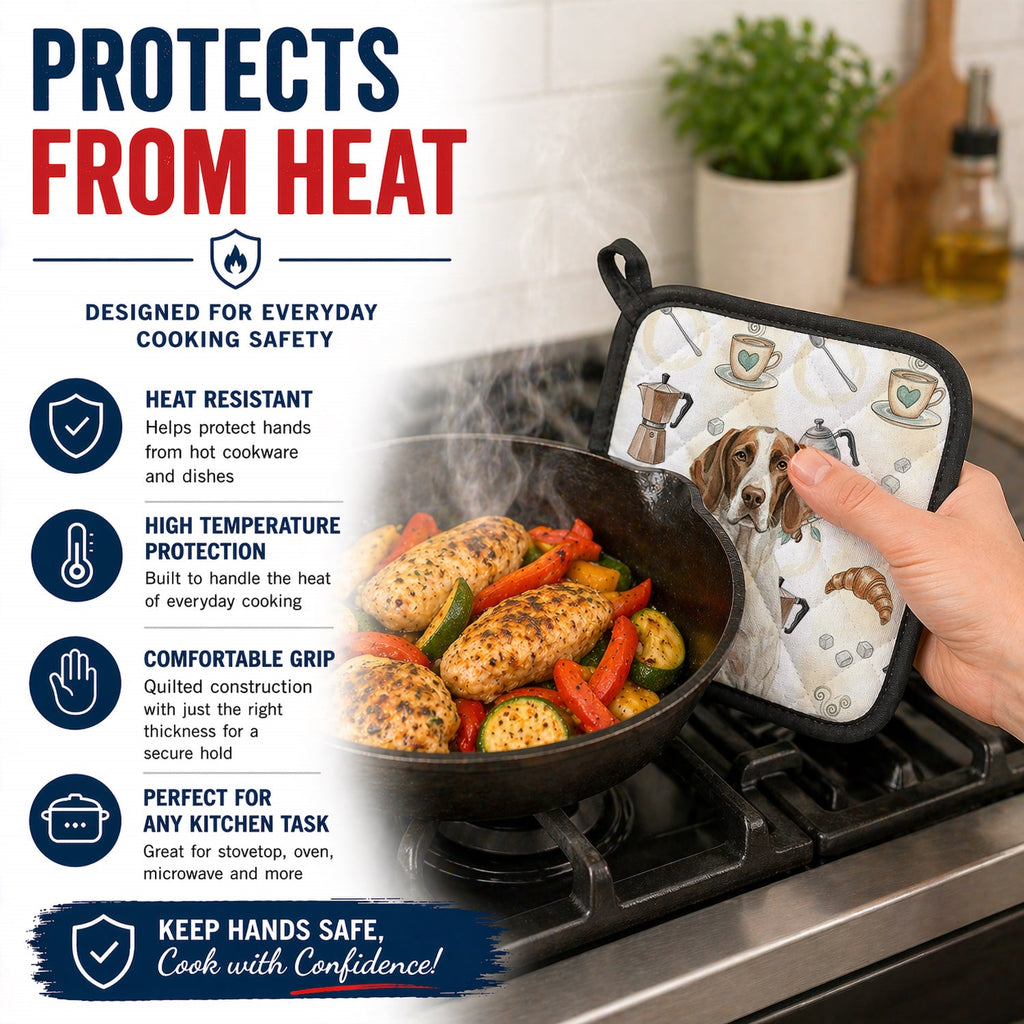 Liver and White Pointer Coffee Bar Pot Holder Set of 2 Heat Resistant Quilted Hot Pads 7.5 x 7.5 Inch, Insulated Kitchen Trivets for Cooking & Baking
