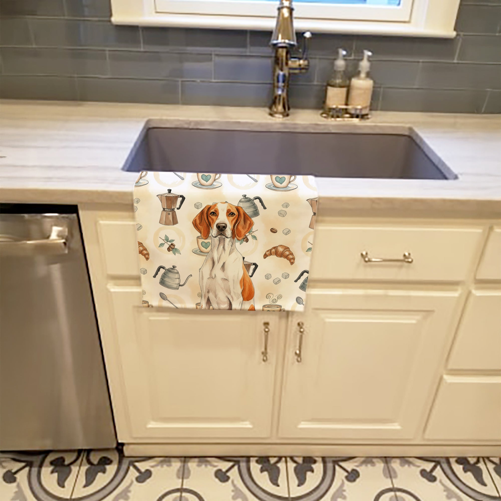 Orange and White Pointer Coffee Bar Kitchen Towel Velour Plush Front and Cotton Loop Back Machine Washable