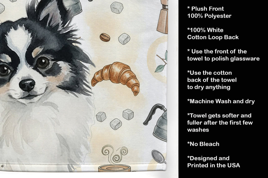 Black and White Pomeranian Coffee Bar Kitchen Towel Velour Plush Front and Cotton Loop Back Machine Washable