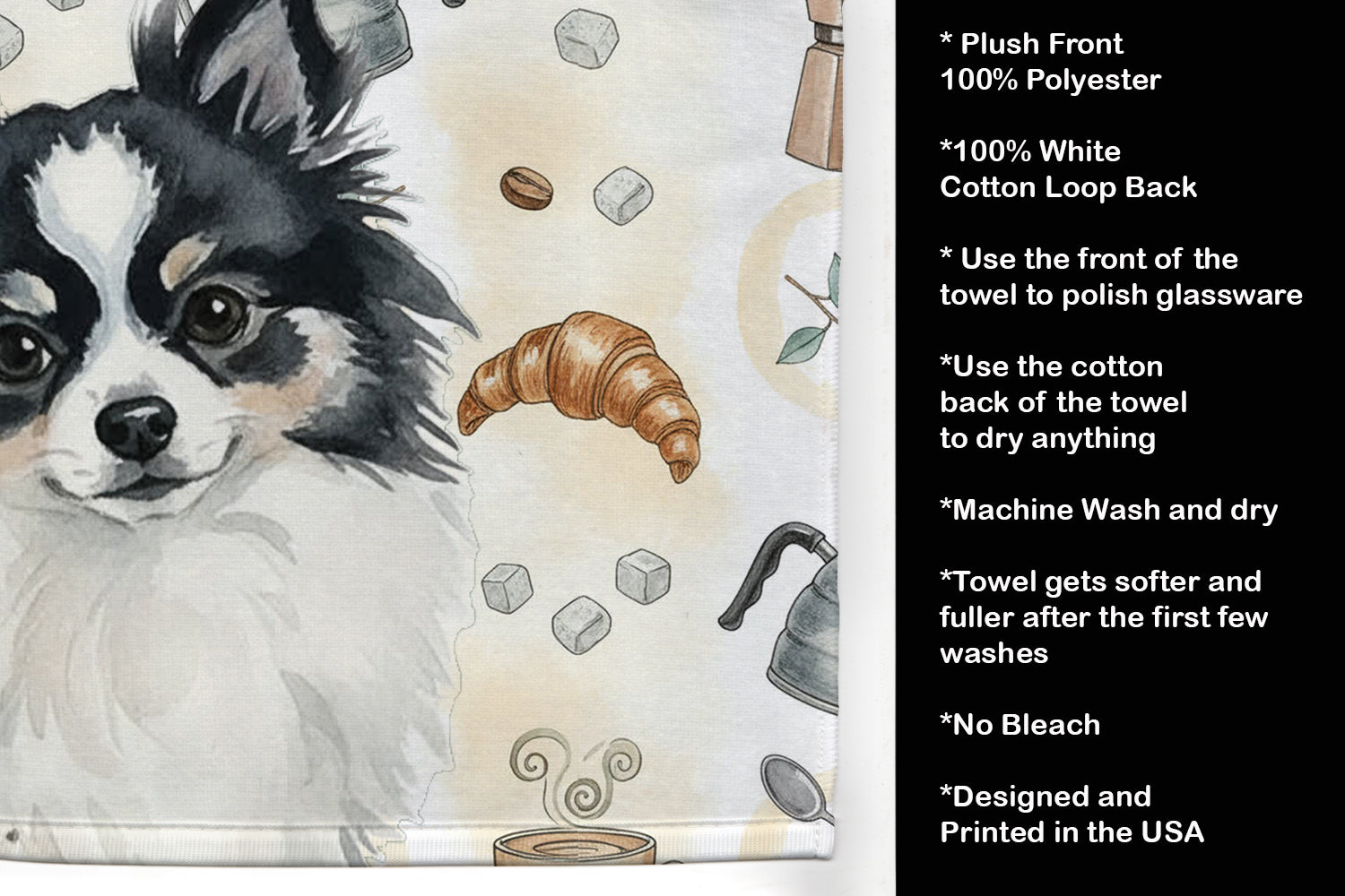 Black and White Pomeranian Coffee Bar Kitchen Towel Velour Plush Front and Cotton Loop Back Machine Washable