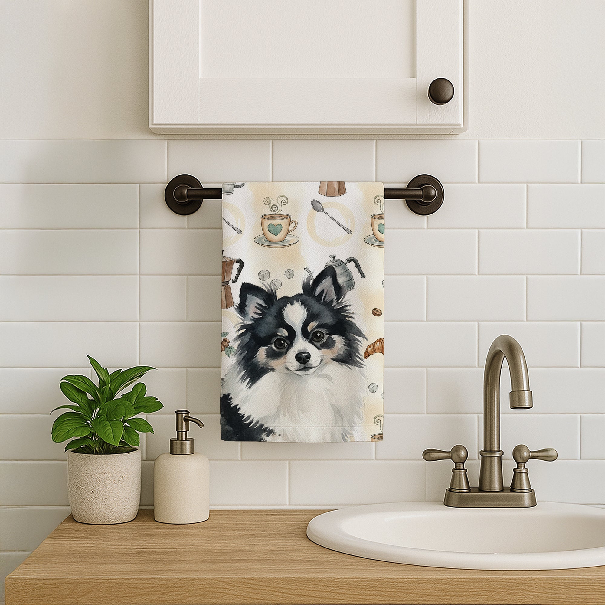 Black and White Pomeranian Coffee Bar Kitchen Towel Velour Plush Front and Cotton Loop Back Machine Washable