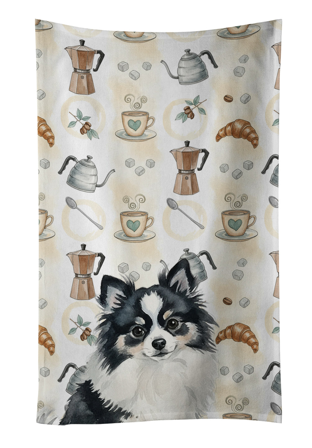 Black and White Pomeranian Coffee Bar Kitchen Towel Velour Plush Front and Cotton Loop Back Machine Washable
