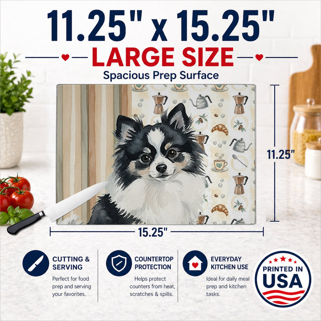 Black and White Pomeranian Coffee Bar Cutting Board Tempered Glass Kitchen Cutting Surface, Heat Resistant Chopping, Non-Slip Feet, Food Prep & Serving