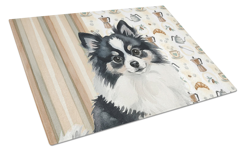 Black and White Pomeranian Coffee Bar Cutting Board Tempered Glass Kitchen Cutting Surface, Heat Resistant Chopping, Non-Slip Feet, Food Prep & Serving