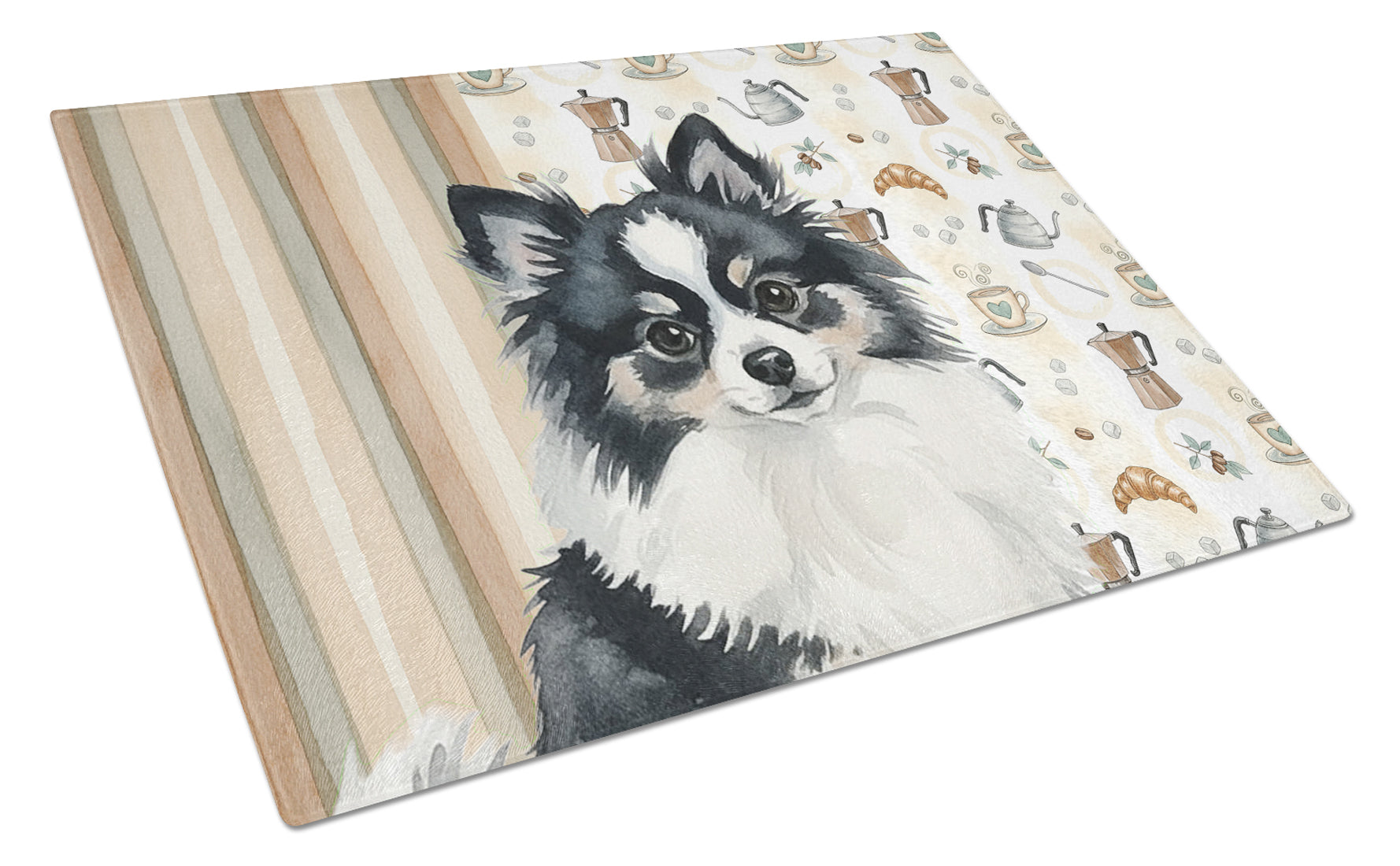 Black and White Pomeranian Coffee Bar Cutting Board Tempered Glass Kitchen Cutting Surface, Heat Resistant Chopping, Non-Slip Feet, Food Prep & Serving