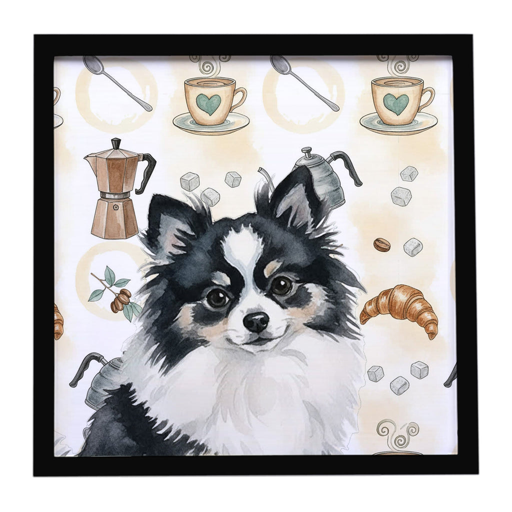 Black and White Pomeranian Coffee Bar Framed Metal Print Bathroom, Kitchen, Office, Home Decor Wall Art Ready to Hang, Square, 8X8