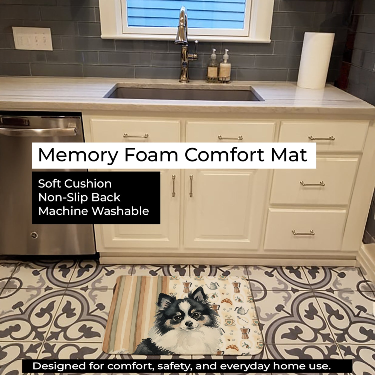 Black and White Pomeranian Coffee Bar Memory Foam Kitchen Mat Machine Washable Anti-Fatigue Cushion Comfort Bath or Kitchen Rug
