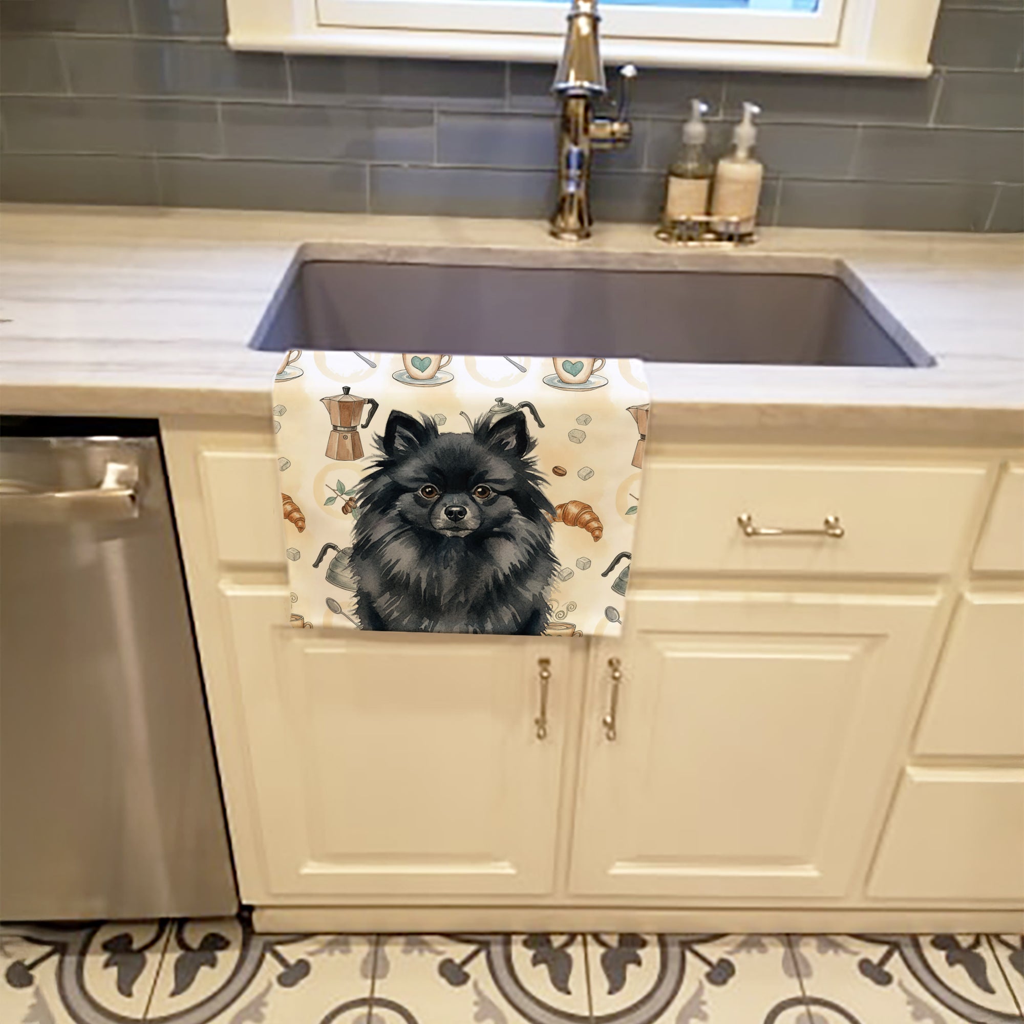 Black Pomeranian Coffee Bar Kitchen Towel Velour Plush Front and Cotton Loop Back Machine Washable