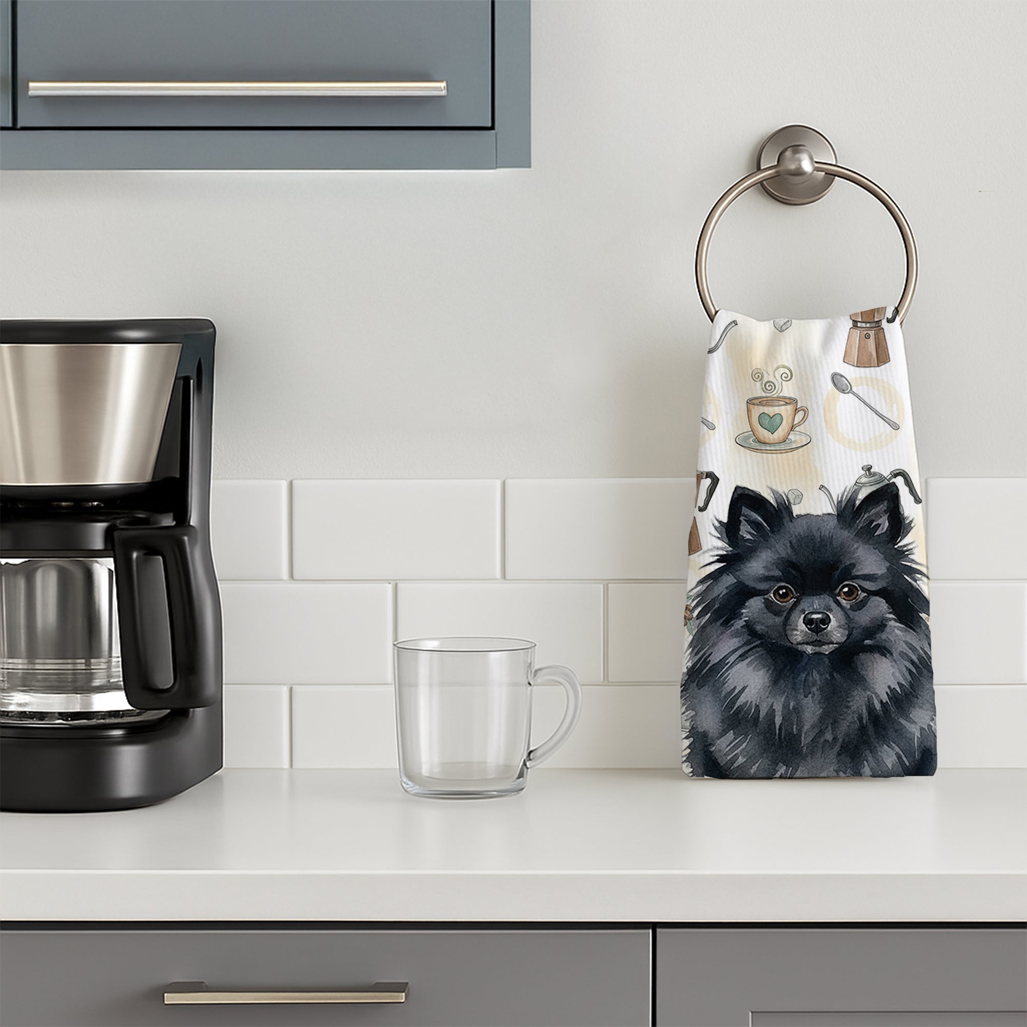 Black Pomeranian Coffee Bar Kitchen Towel Velour Plush Front and Cotton Loop Back Machine Washable