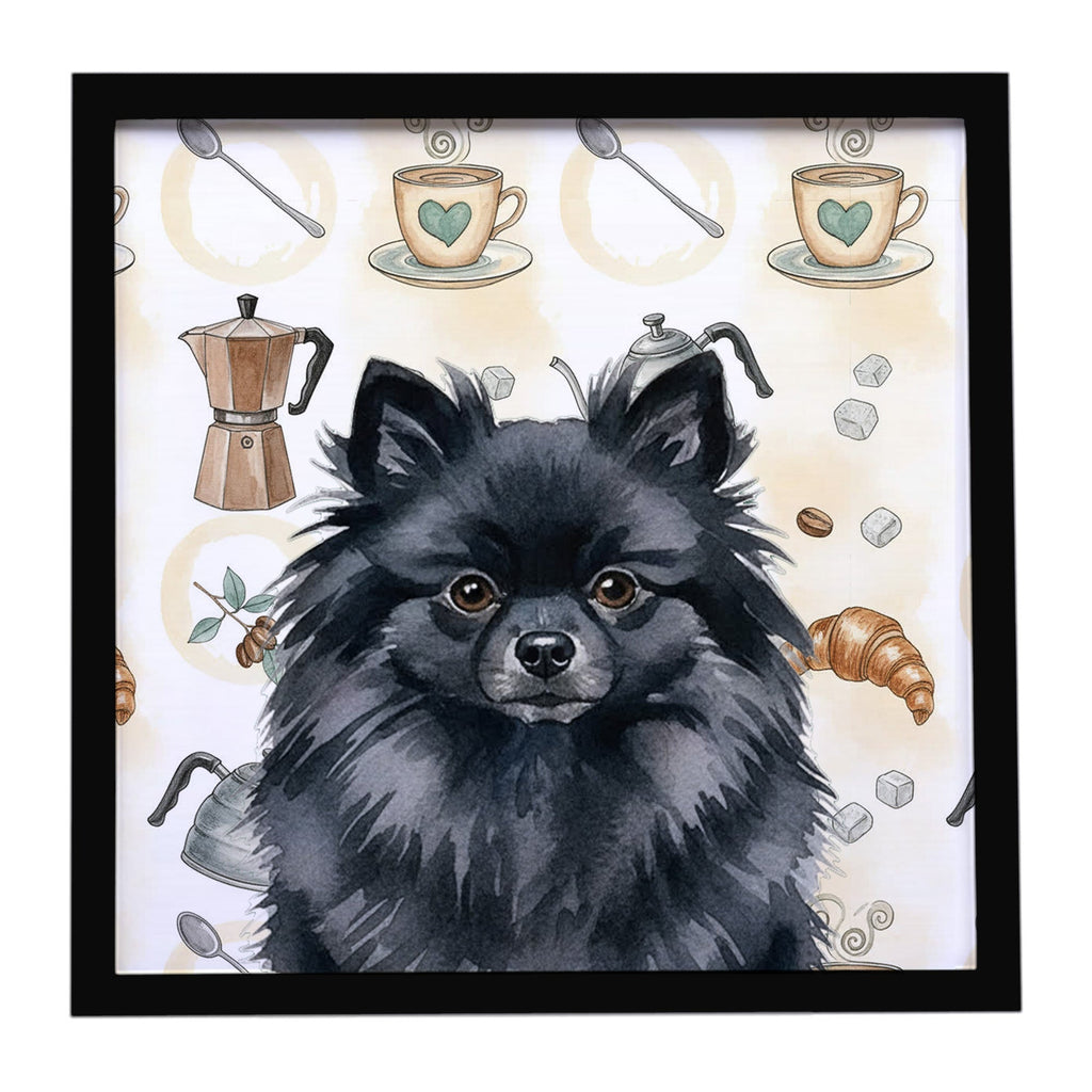 Black Pomeranian Coffee Bar Framed Metal Print Bathroom, Kitchen, Office, Home Decor Wall Art Ready to Hang, Square, 8X8