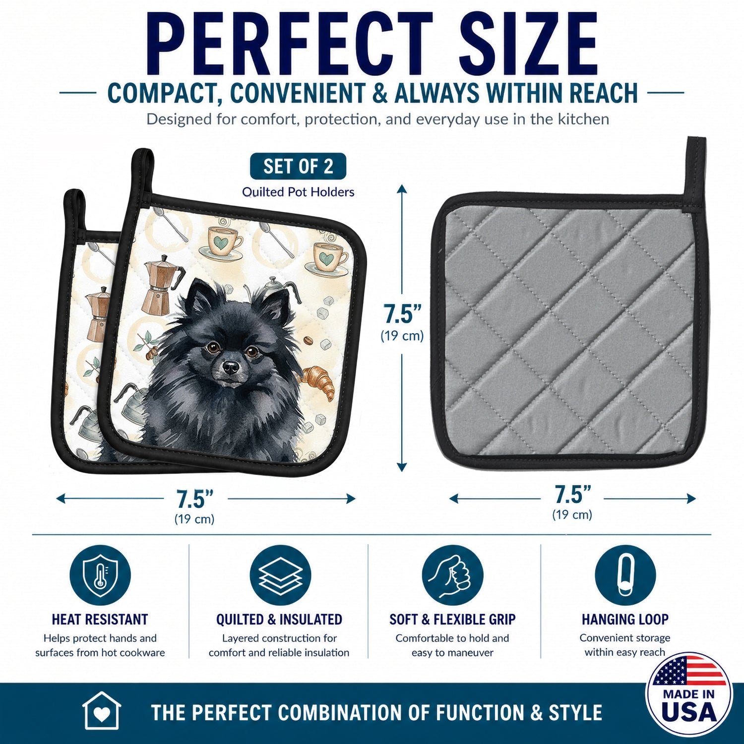 Black Pomeranian Coffee Bar Pot Holder Set of 2 Heat Resistant Quilted Hot Pads 7.5 x 7.5 Inch, Insulated Kitchen Trivets for Cooking & Baking
