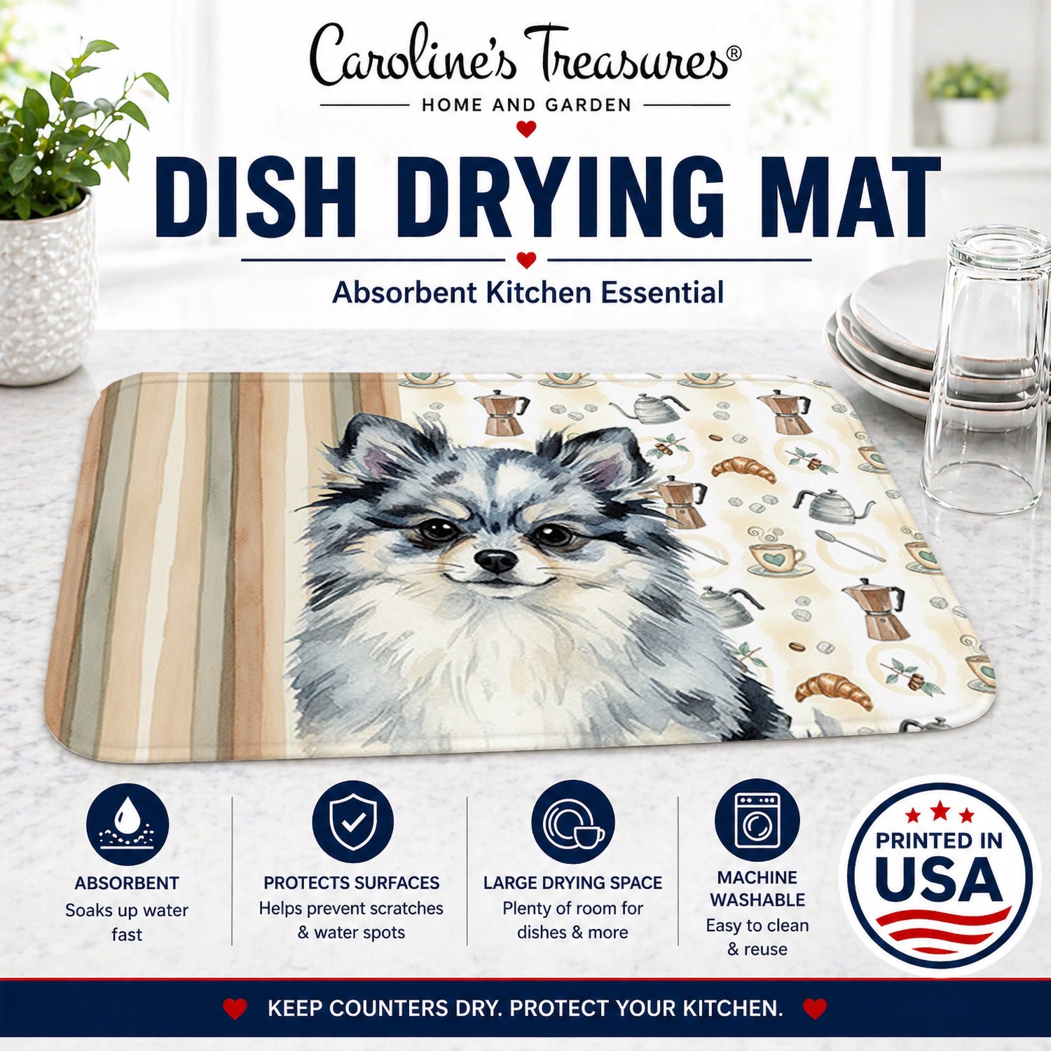 Blue Merle Pomeranian Coffee Bar Dish Drying Mat Absorbent Dish Drying Mat Pad for Kitchen Counter Dish Drainer Mat for Countertop, 14 x 21", Multicolor