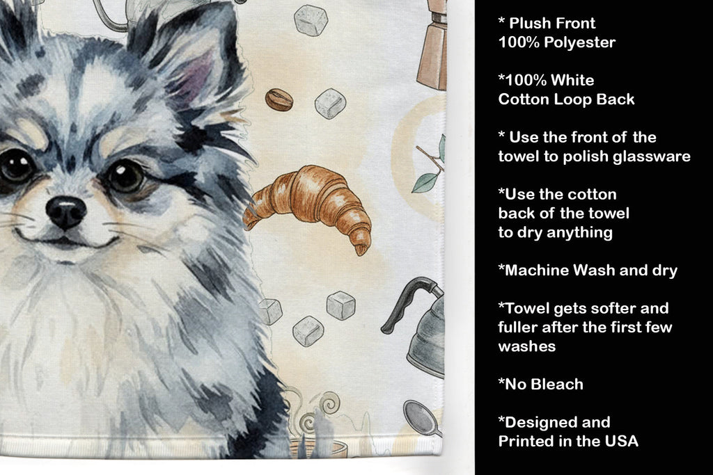Blue Merle Pomeranian Coffee Bar Kitchen Towel Velour Plush Front and Cotton Loop Back Machine Washable