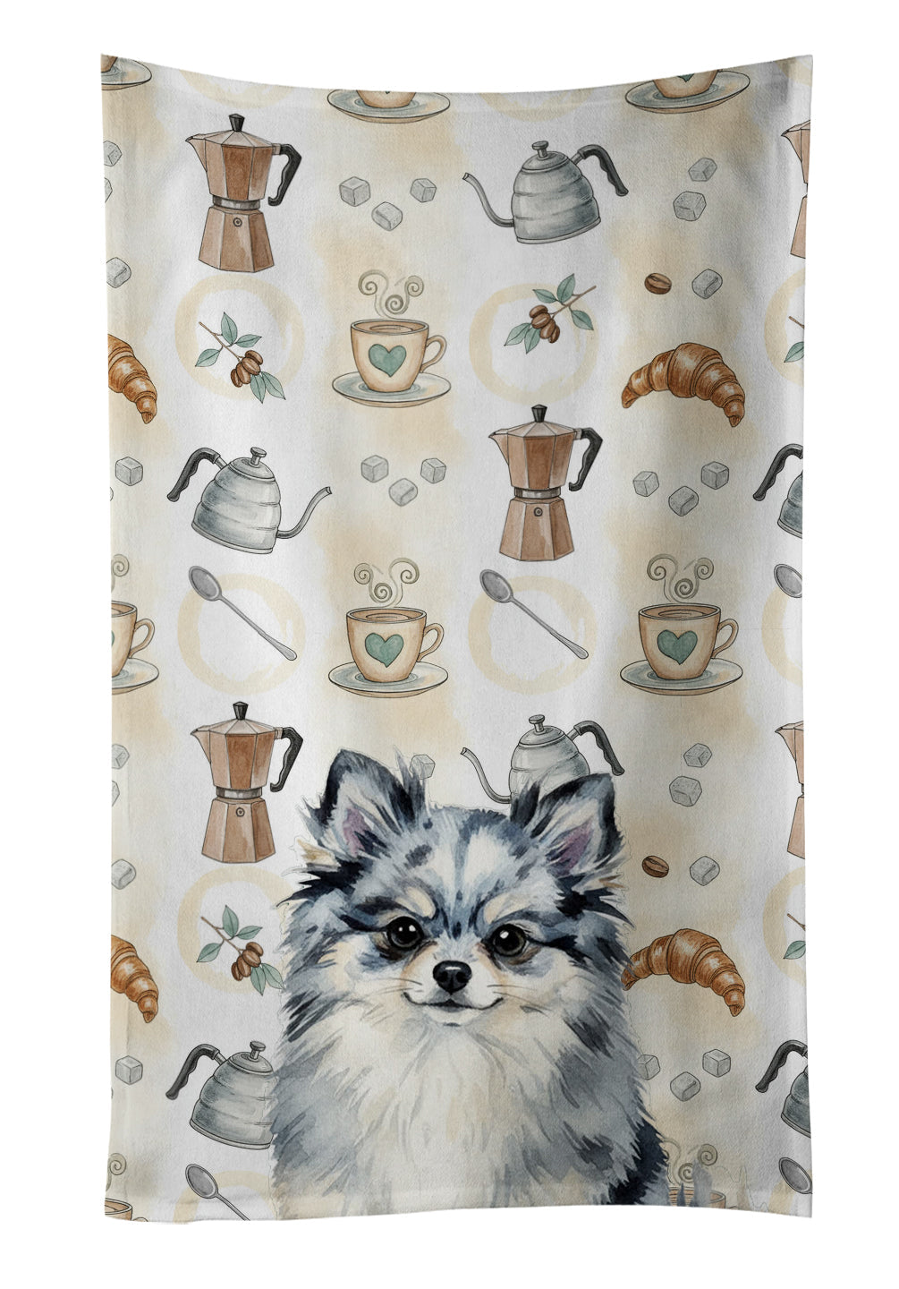 Blue Merle Pomeranian Coffee Bar Kitchen Towel Velour Plush Front and Cotton Loop Back Machine Washable
