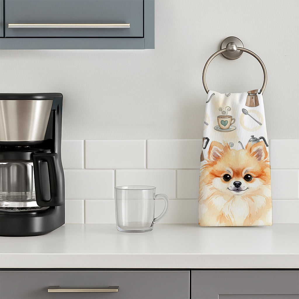 Pomeranian Coffee Bar Kitchen Towel Velour Plush Front and Cotton Loop Back Machine Washable