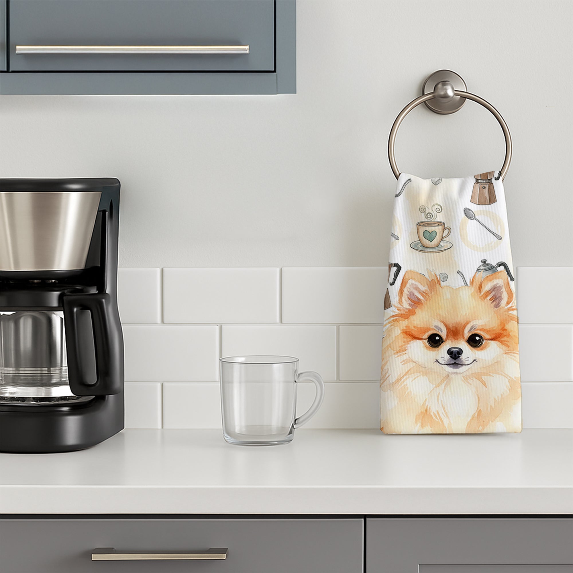 Pomeranian Coffee Bar Kitchen Towel Velour Plush Front and Cotton Loop Back Machine Washable
