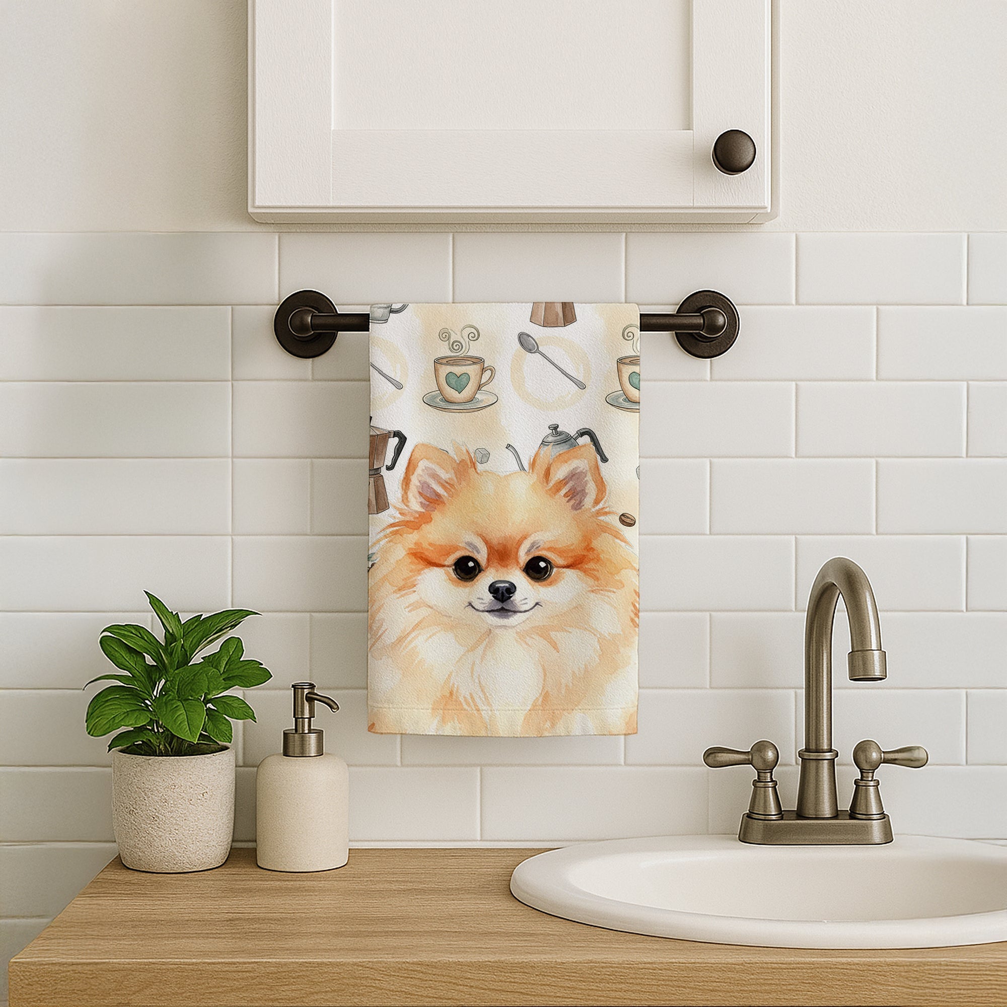 Pomeranian Coffee Bar Kitchen Towel Velour Plush Front and Cotton Loop Back Machine Washable