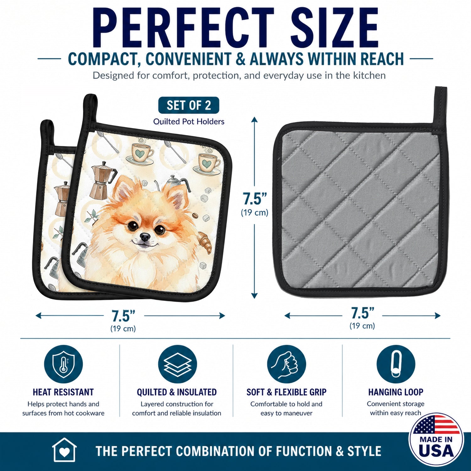 Pomeranian Coffee Bar Pot Holder Set of 2 Heat Resistant Quilted Hot Pads 7.5 x 7.5 Inch, Insulated Kitchen Trivets for Cooking & Baking