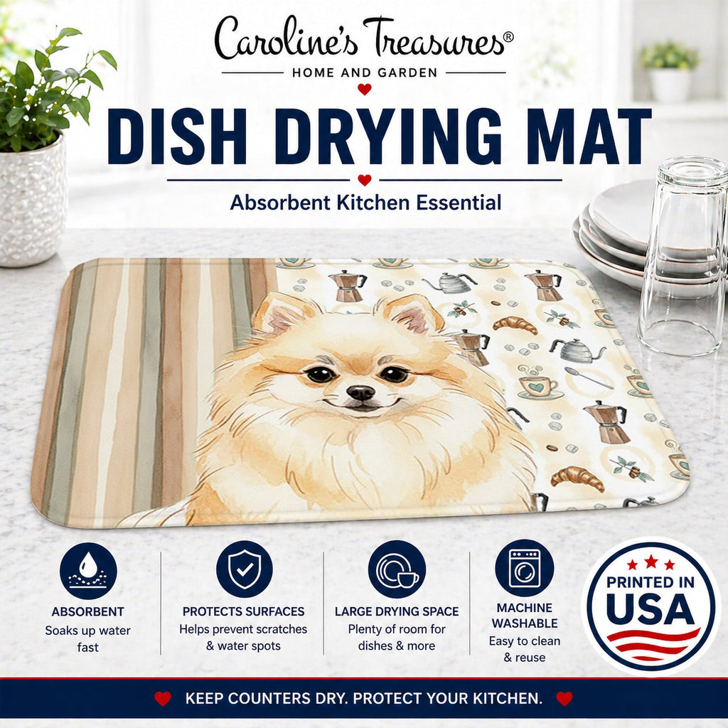 Cream Pomeranian Coffee Bar Dish Drying Mat Absorbent Dish Drying Mat Pad for Kitchen Counter Dish Drainer Mat for Countertop, 14 x 21", Multicolor