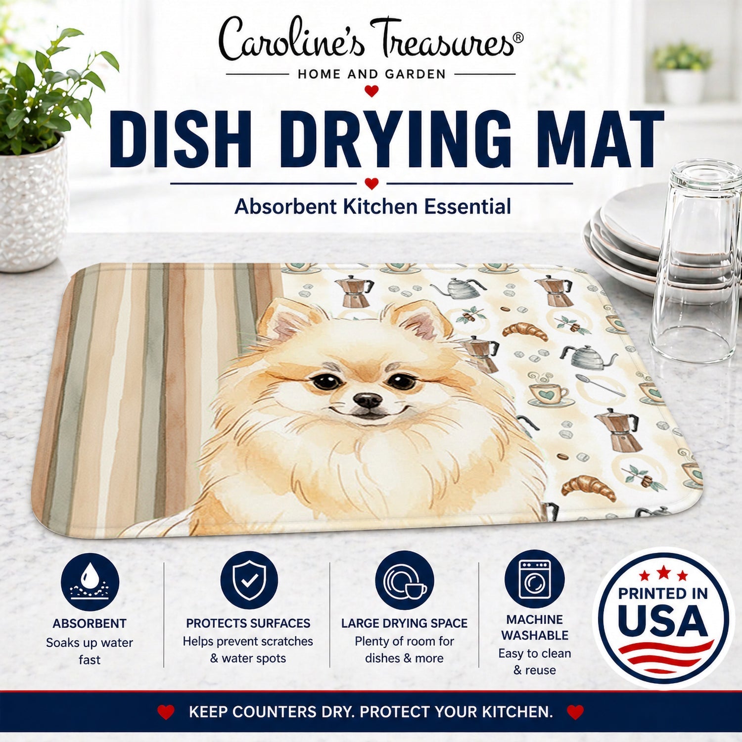 Cream Pomeranian Coffee Bar Dish Drying Mat Absorbent Dish Drying Mat Pad for Kitchen Counter Dish Drainer Mat for Countertop, 14 x 21", Multicolor