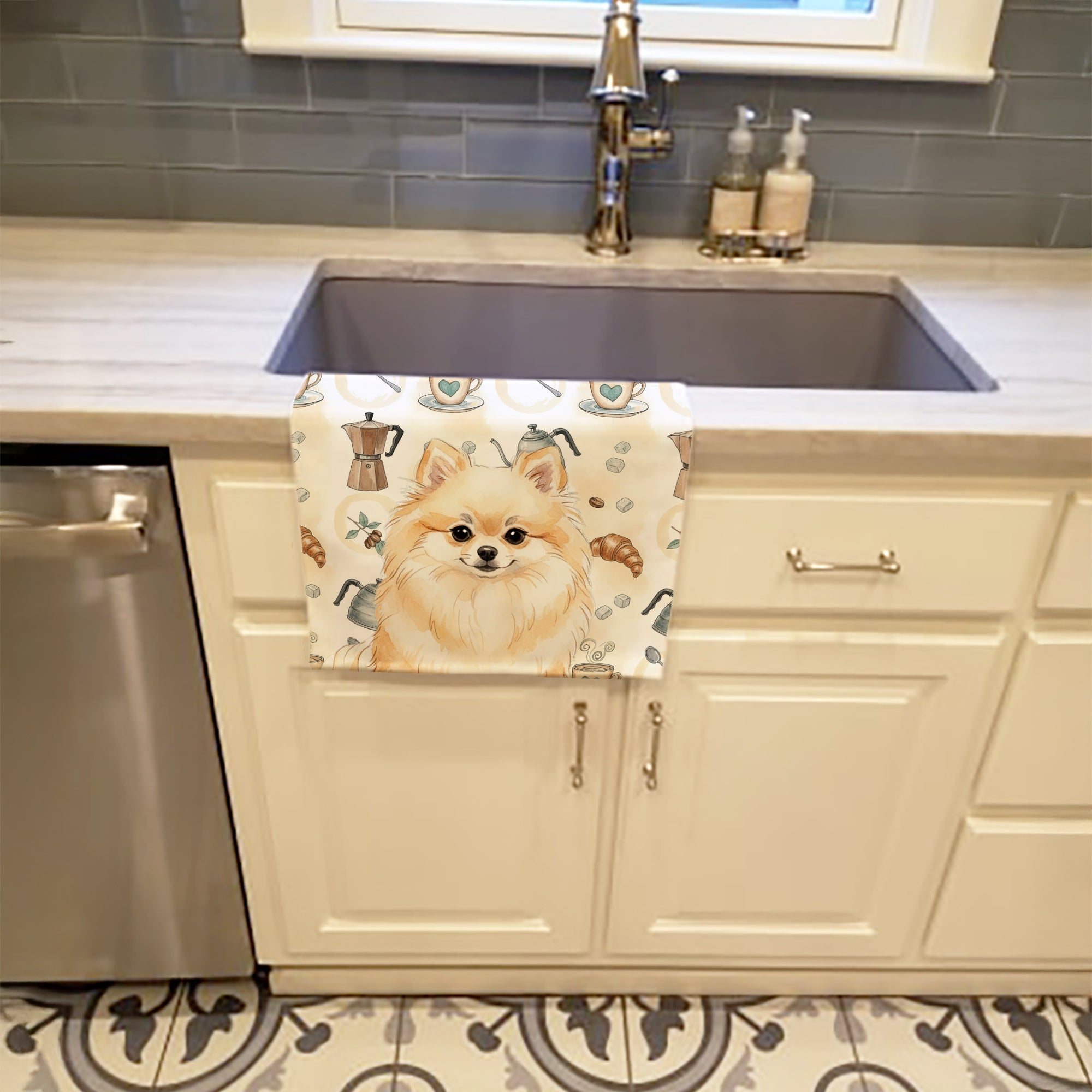 Cream Pomeranian Coffee Bar Kitchen Towel Velour Plush Front and Cotton Loop Back Machine Washable