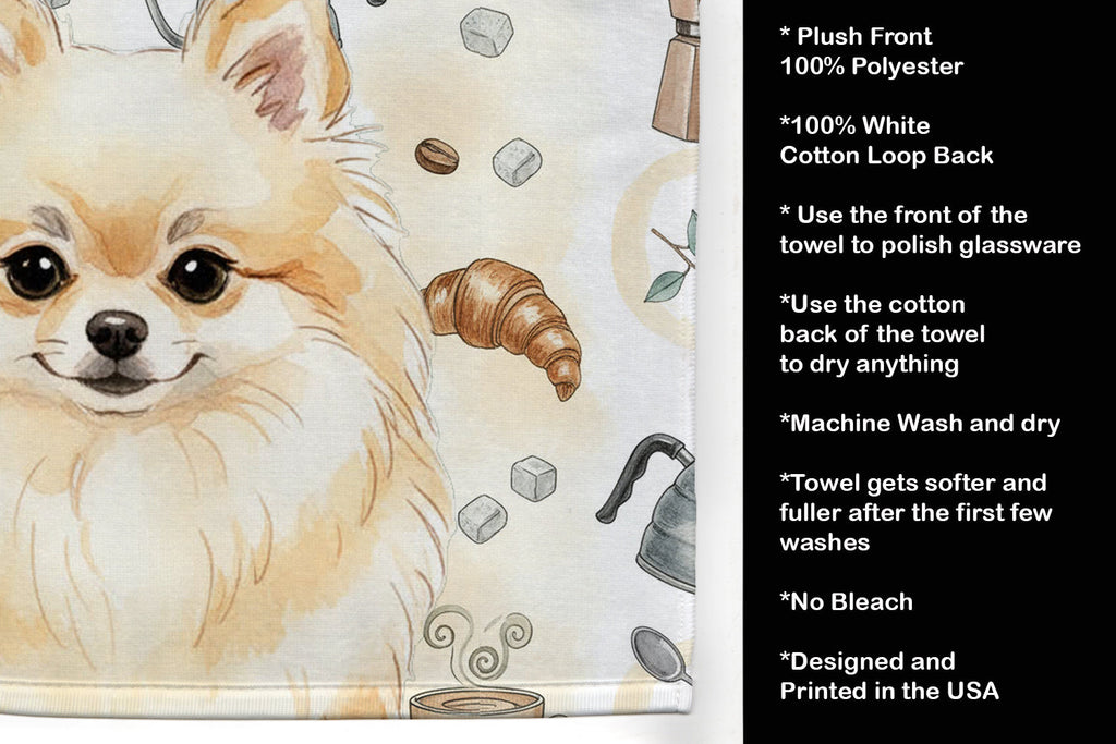 Cream Pomeranian Coffee Bar Kitchen Towel Velour Plush Front and Cotton Loop Back Machine Washable