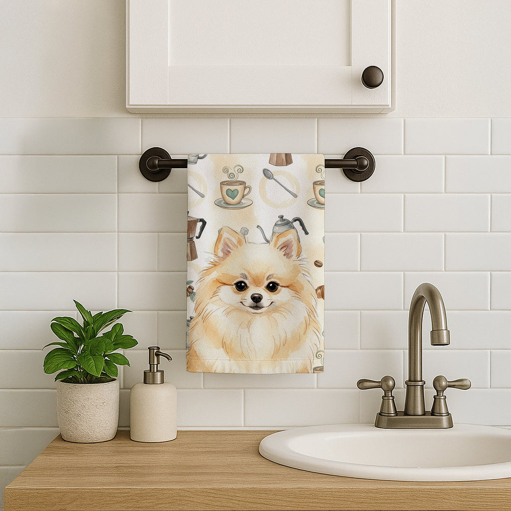 Cream Pomeranian Coffee Bar Kitchen Towel Velour Plush Front and Cotton Loop Back Machine Washable