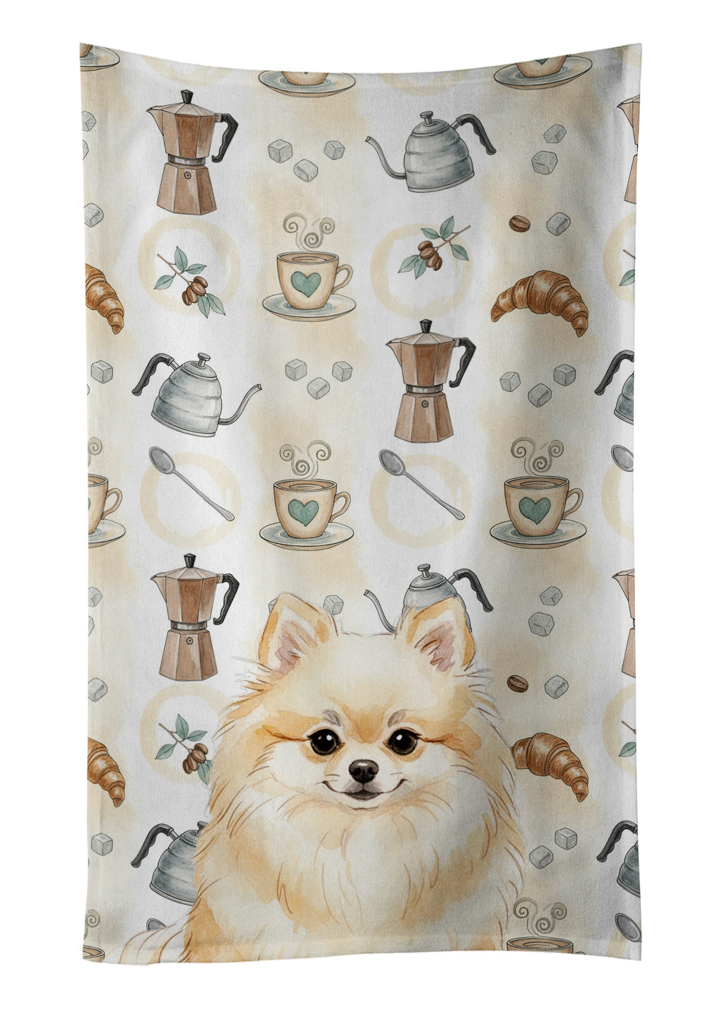 Cream Pomeranian Coffee Bar Kitchen Towel Velour Plush Front and Cotton Loop Back Machine Washable