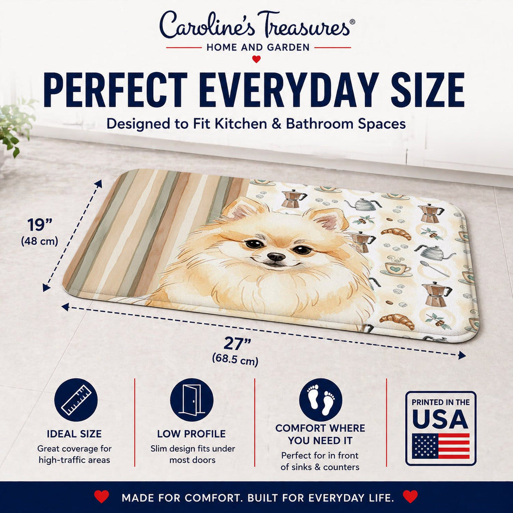 Cream Pomeranian Coffee Bar Memory Foam Kitchen Mat Machine Washable Anti-Fatigue Cushion Comfort Bath or Kitchen Rug
