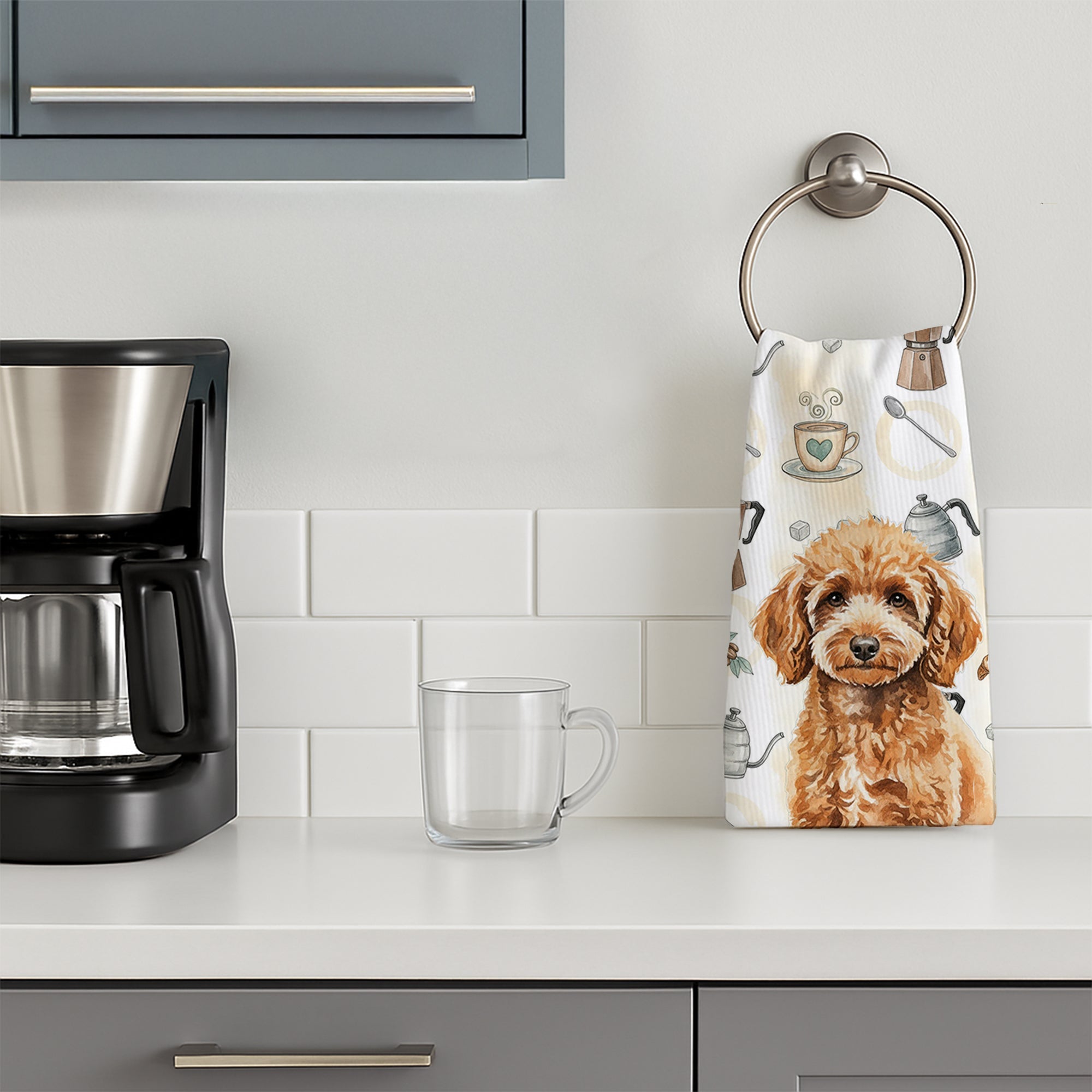 Miniature Apricot Poodle Coffee Bar Kitchen Towel Velour Plush Front and Cotton Loop Back Machine Washable
