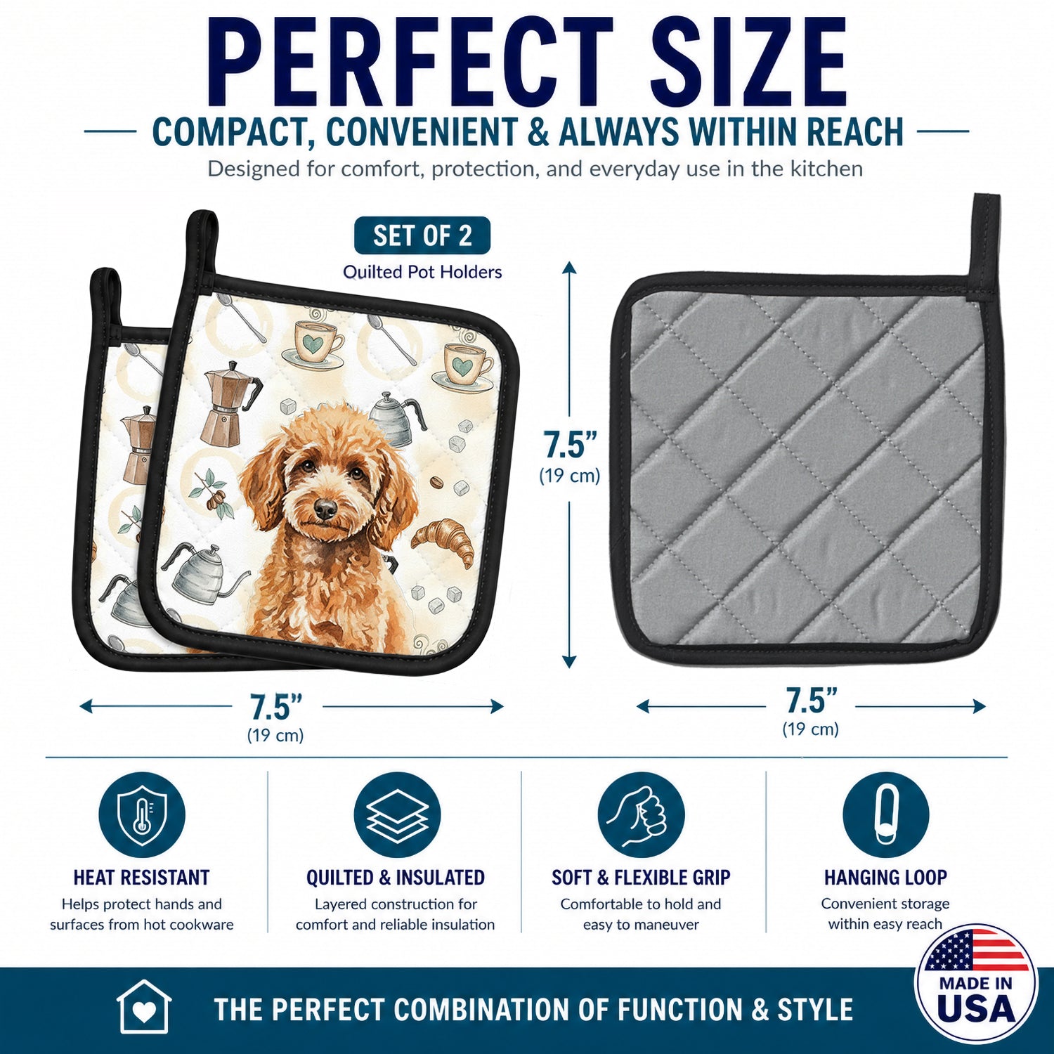 Miniature Apricot Poodle Coffee Bar Pot Holder Set of 2 Heat Resistant Quilted Hot Pads 7.5 x 7.5 Inch, Insulated Kitchen Trivets for Cooking & Baking