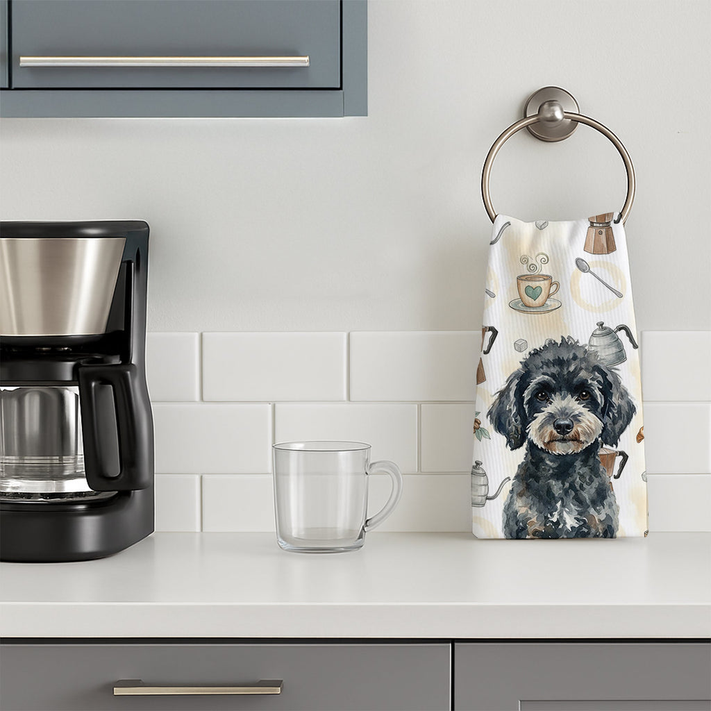 Miniature Black Poodle Coffee Bar Kitchen Towel Velour Plush Front and Cotton Loop Back Machine Washable