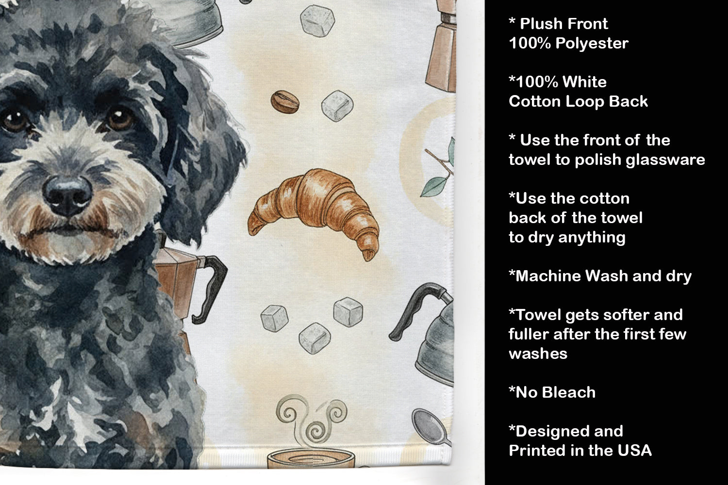 Miniature Black Poodle Coffee Bar Kitchen Towel Velour Plush Front and Cotton Loop Back Machine Washable