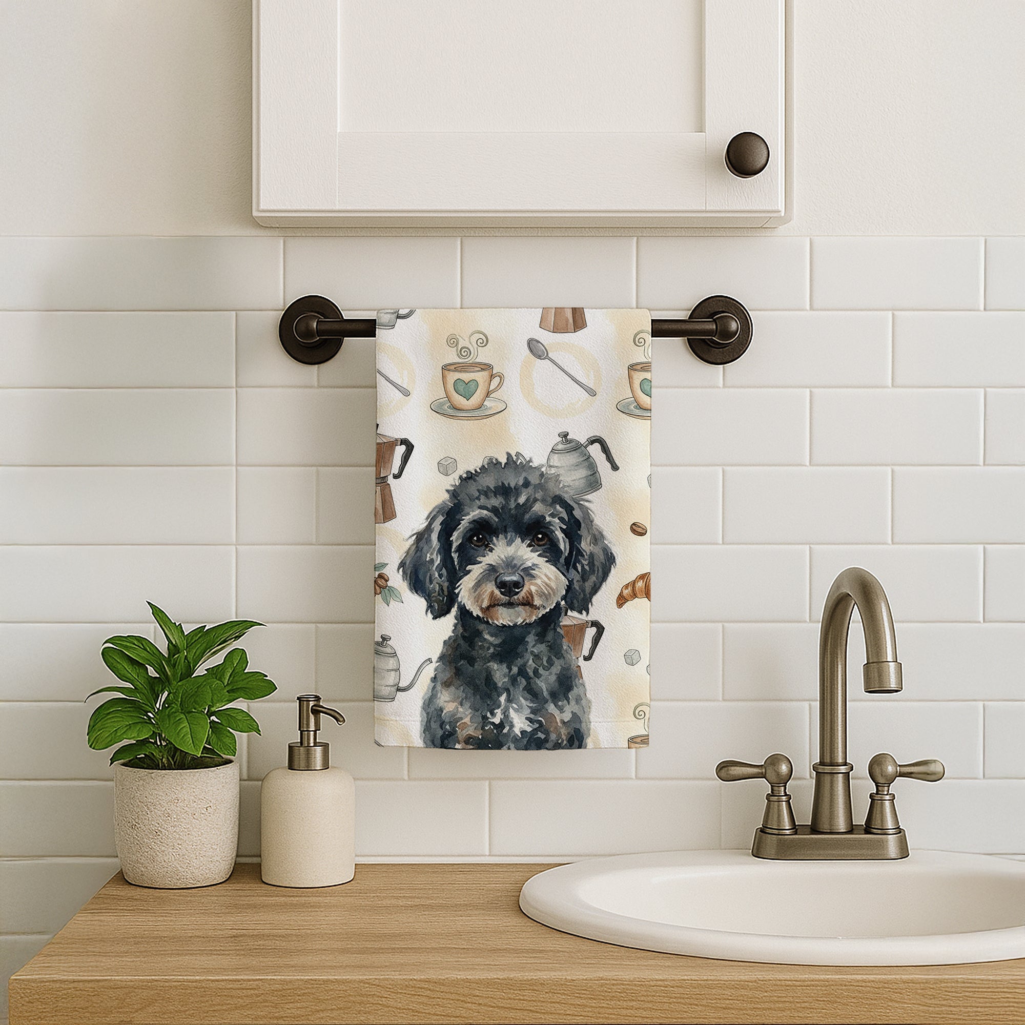 Miniature Black Poodle Coffee Bar Kitchen Towel Velour Plush Front and Cotton Loop Back Machine Washable