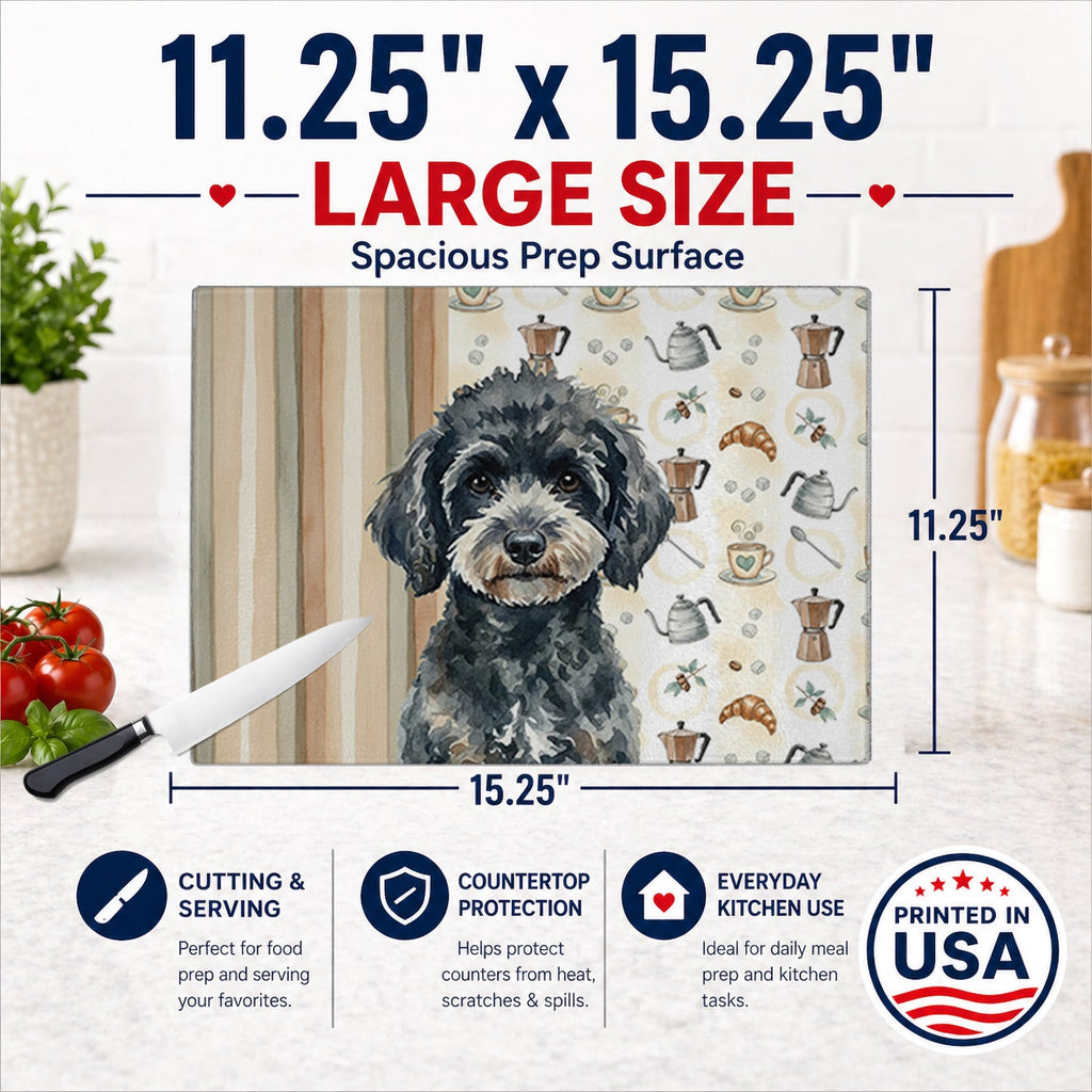 Miniature Black Poodle Coffee Bar Cutting Board Tempered Glass Kitchen Cutting Surface, Heat Resistant Chopping, Non-Slip Feet, Food Prep & Serving