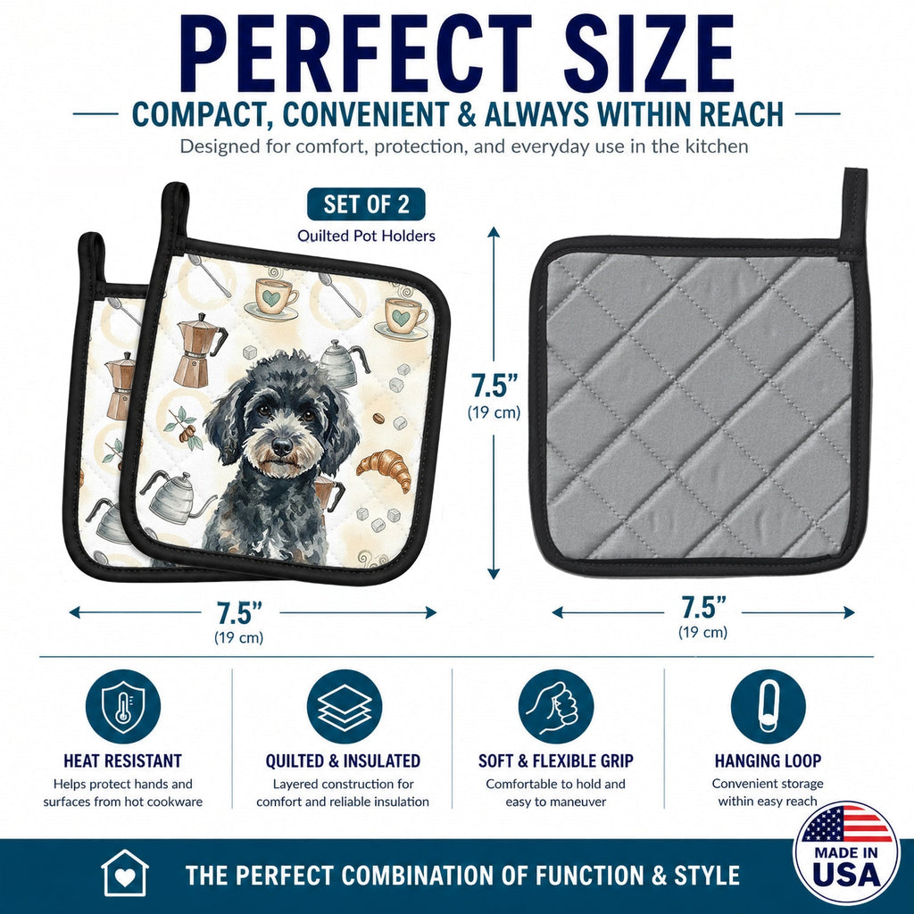 Miniature Black Poodle Coffee Bar Pot Holder Set of 2 Heat Resistant Quilted Hot Pads 7.5 x 7.5 Inch, Insulated Kitchen Trivets for Cooking & Baking