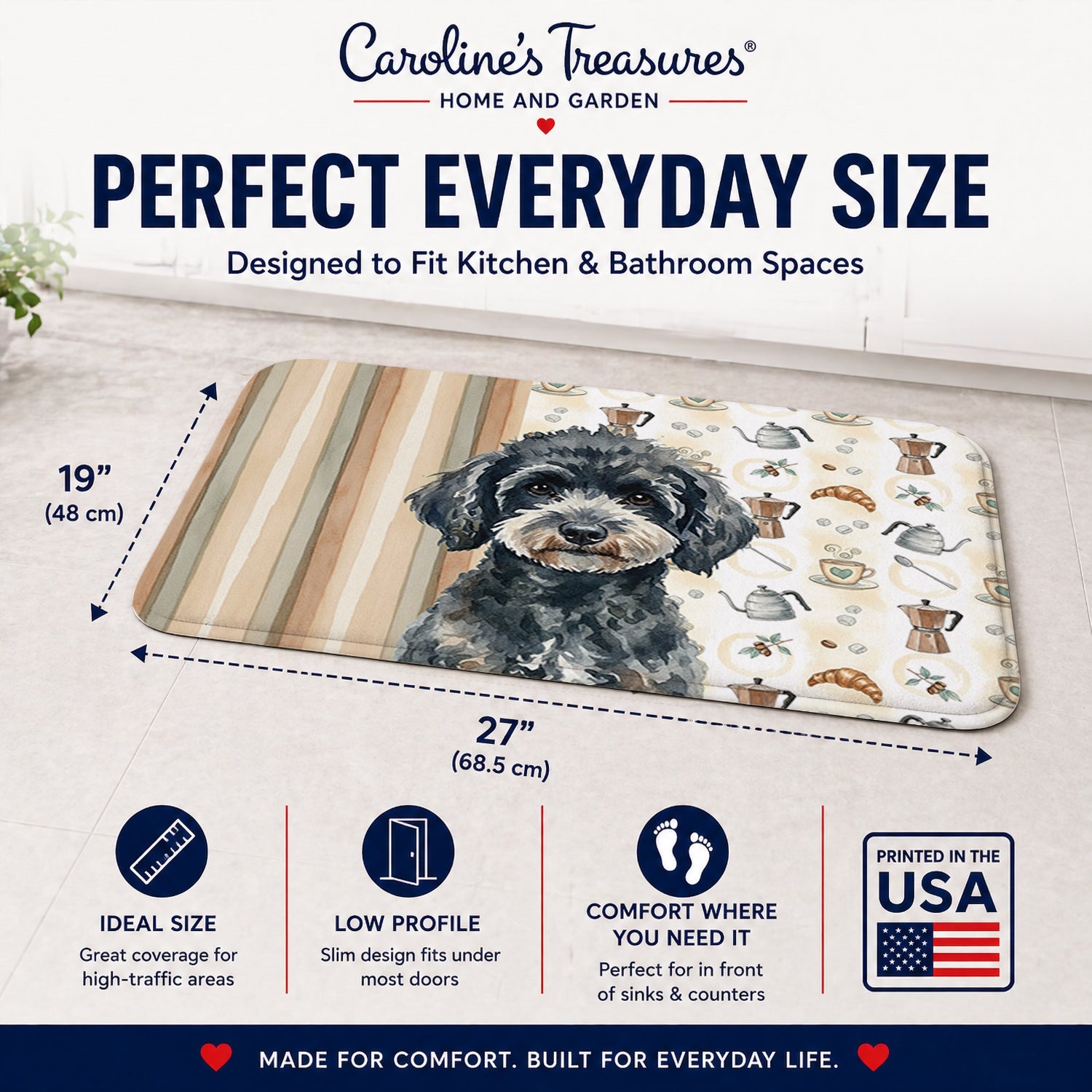 Miniature Black Poodle Coffee Bar Memory Foam Kitchen Mat Machine Washable Anti-Fatigue Cushion Comfort Bath or Kitchen Rug