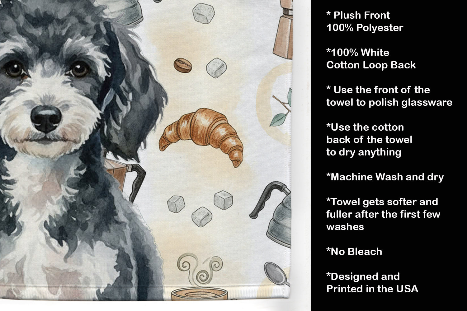 Miniature Parti Poodle Coffee Bar Kitchen Towel Velour Plush Front and Cotton Loop Back Machine Washable