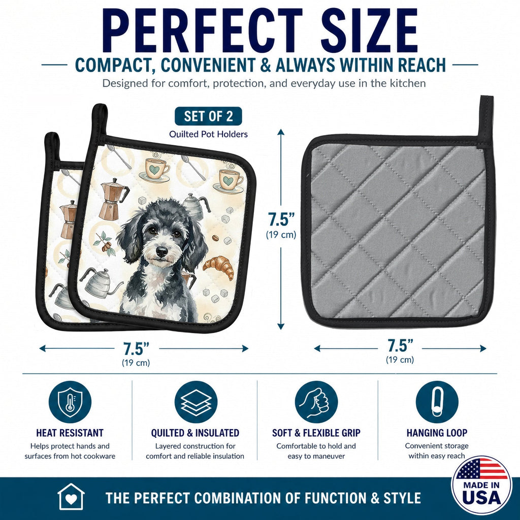 Miniature Parti Poodle Coffee Bar Pot Holder Set of 2 Heat Resistant Quilted Hot Pads 7.5 x 7.5 Inch, Insulated Kitchen Trivets for Cooking & Baking