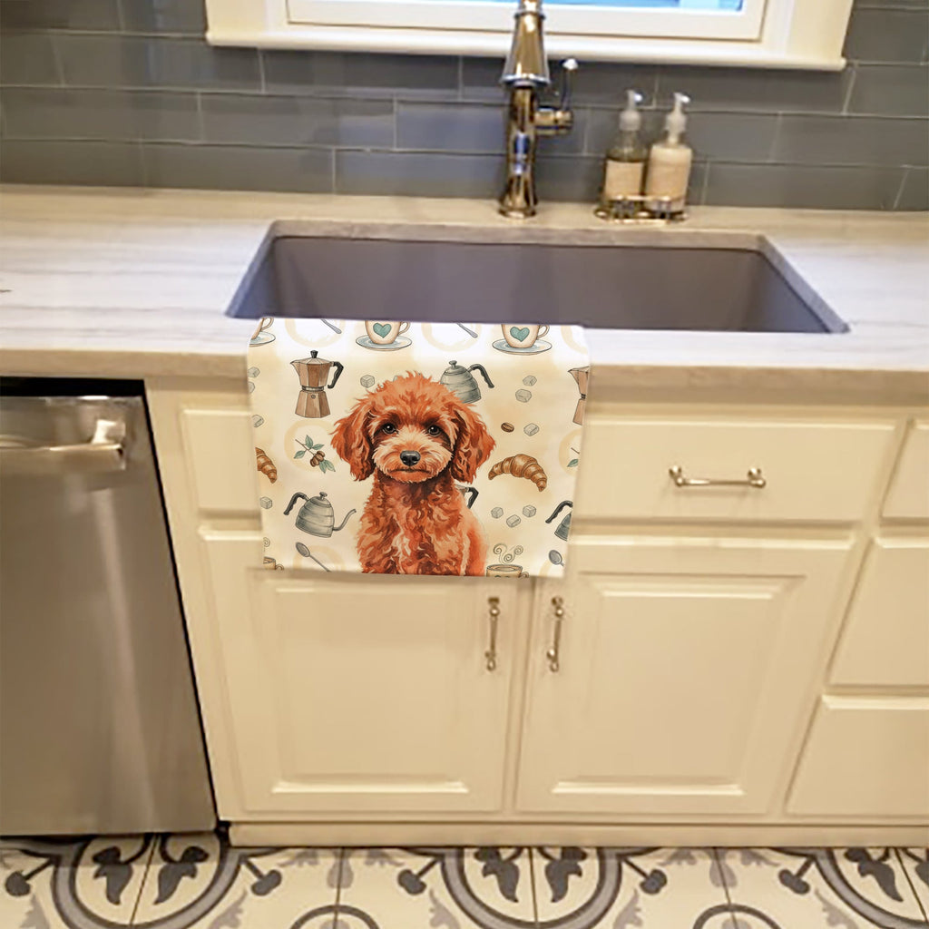Miniature Red Poodle Coffee Bar Kitchen Towel Velour Plush Front and Cotton Loop Back Machine Washable